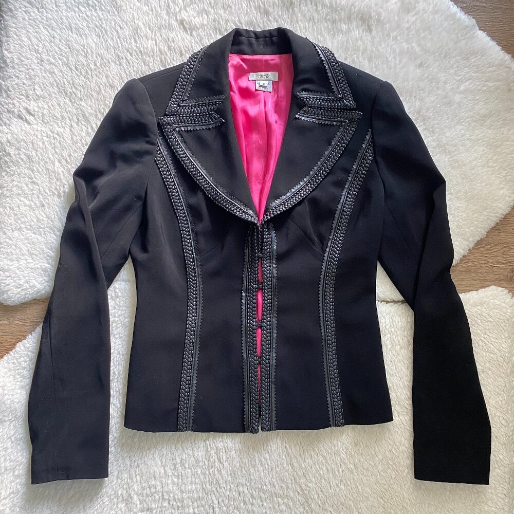 Vintage Cache Black Suit Jacket With Braided Faux Leather Piping – Size 0